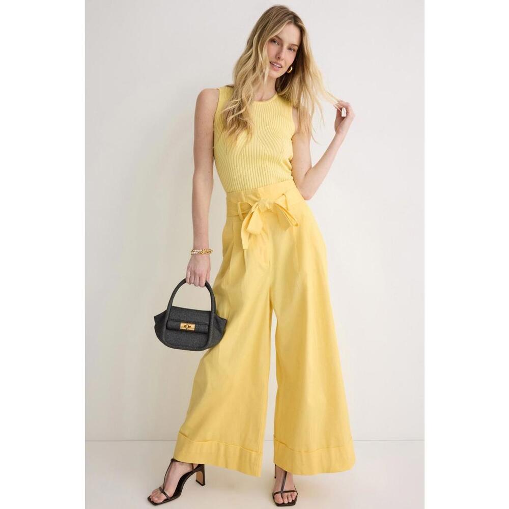 Adam Lippes x RTR Yellow Tie Waist Wide Leg Pants Size 8 with Stains no belt